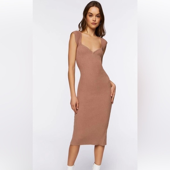 Sweater-Knit Ribbed Sweetheart Neckline Midi Dress In Cocoa Size L - Picture 2 of 3